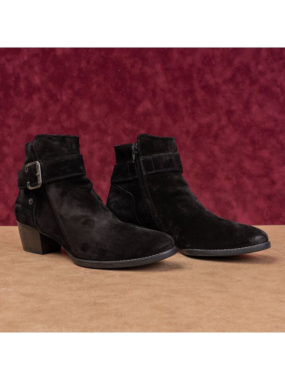 Paul Green Women Jano Distressed Black Suede Buckle Moto Boots 10US AUS 7.5